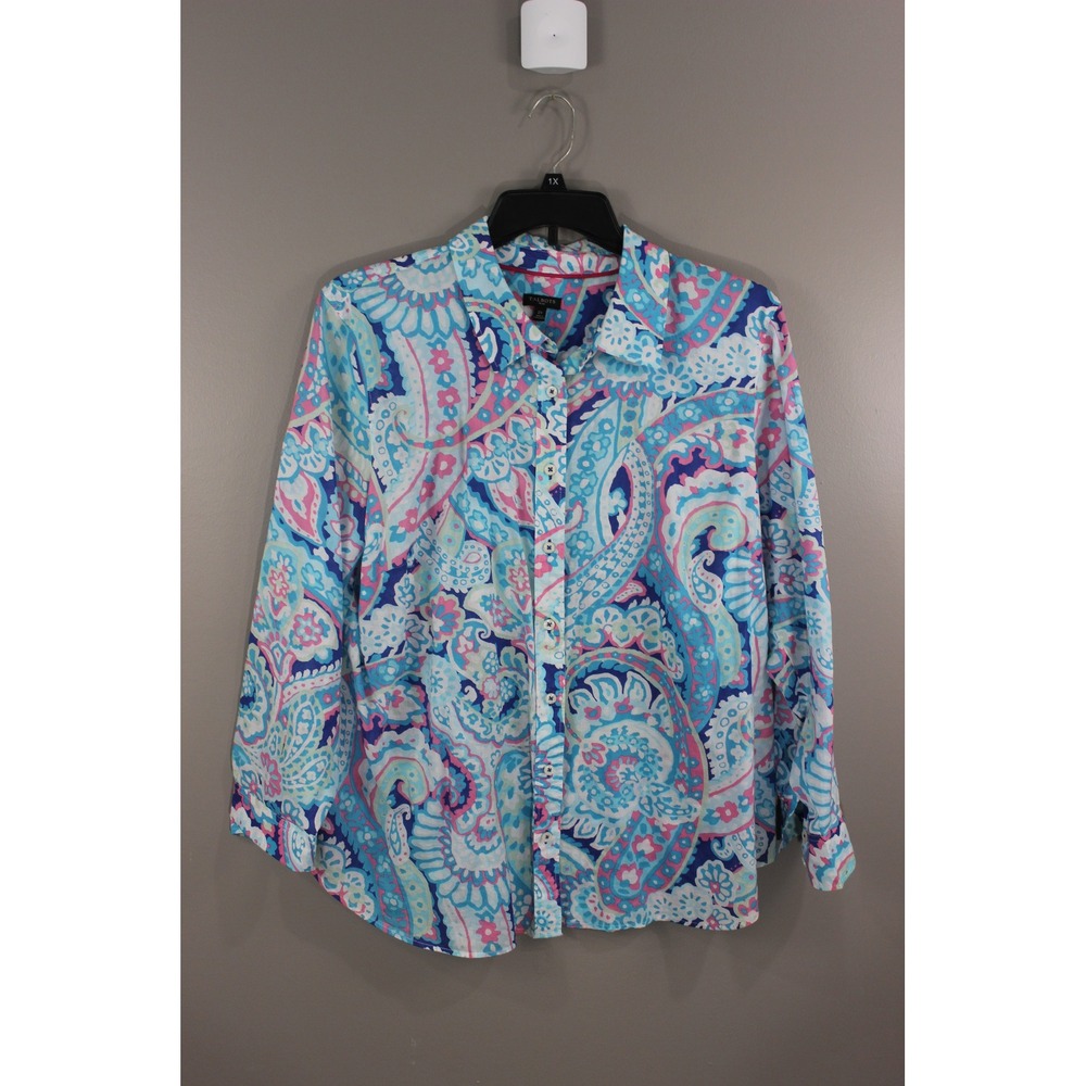 Talbots Button Down Shirt Womens 2X Blue Pink Paisley Cotton Great Long Sleeve